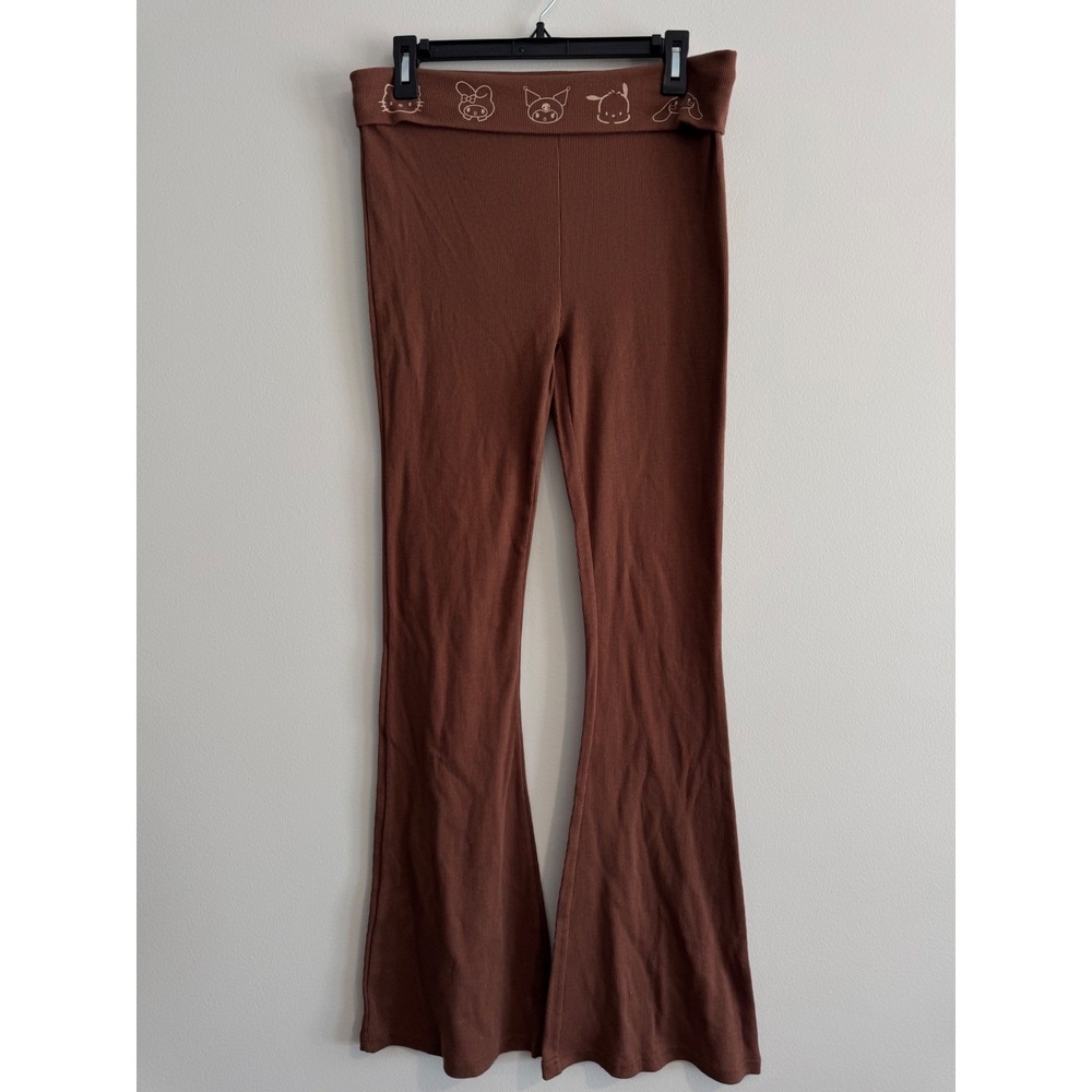 Sanrio Hello Kitty yoga pants medium Y2K Ribbed Flare Women's Brown Foldover - Picture 2 of 6